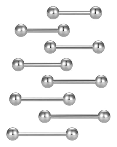 YOCDNOV 8 Stück Piercing Set - Chirurgenstahl Straight Barbells Zungenring Shield Ring Piercing Schmuck Stab Shield Ring Piercing Schmuck Stab 12mm 14mm 16mm 18mm Stablänge Piercing Schmuck(Silber) von YOCDNOV