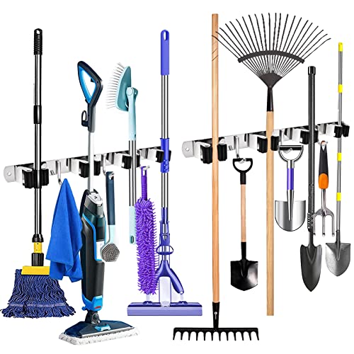 YOCOLE 2 Stück Besenhalterung Wand, Gerätehalter Edelstahl Besen Mop Halter, Besenstielhalter Gartengerätehalter Wand Selbstklebend 8 Halter und 6 Haken für Schrank Balkon Badezimme von YOCOLE