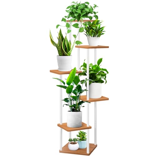 YOCOMEY 6-Tier Hölzern Blumenregal Pflanzenregal, Mehrstöckig Blumenständer Pflanzenständer Blumenbank Blumentreppe Pflanzentreppe Standregal für Innen Garten Balkon Deko(Weiß) von YOCOMEY