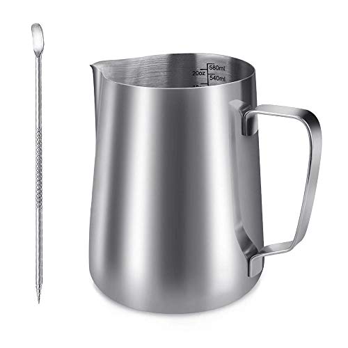 Milchkännchen, Edelstahl Aufschäumkännchen, YOCZOX Milch Aufschäumen Krug mit Stäbchen, Milch Kanne mit Skala, Milchschaumkännchen, Ideal für Espresso, Cappuccino und Latte, 600ml, silber von YOCZOX