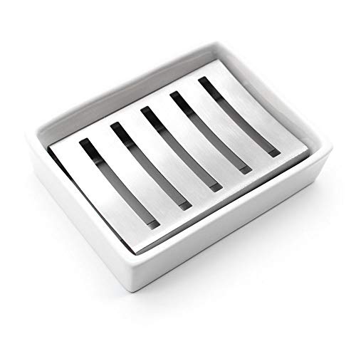 Seifenschale, Keramikschale, YOCZOX Seifenhalter, Keramik Sitz, Seifenablage, Seifenkiste, Seifen Box, Seifenretter, Ideal für Bad und Dusche Weiß-Silber von YOCZOX