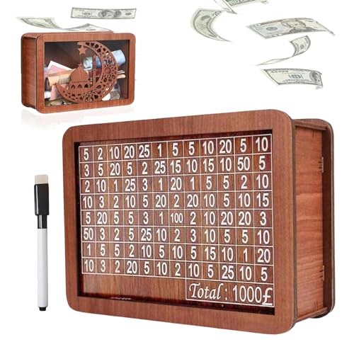 Cash Vault Wooden Savings Box, The Cash Vault Money Saving Box, Cash Box Savings, Saving Box for Cash for Adults, Wooden Piggy Banks with Numbers Ticks (1000 Pound) von YODAOLI