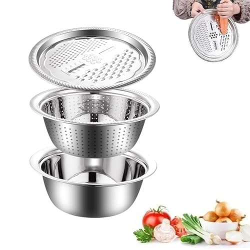 YODAOLI Germany Multifunctional Stainless Steel Basin, New 3 in 1 Stainless Steel Basin with Vegetable Cutter and Drain Basket, Colander Stainless Steel Strainer (26cm) von YODAOLI