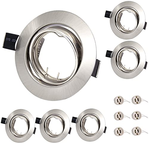 Yodave Einbaurahmen GU10 Schwenkbar 6er Set, Einbauleuchte Spot Rahmen Rund Nickel mit GU10 Fassung, Einbaustrahler Schwenkbar (Silber) von Yodave