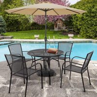 5-teiliges Metall-Garten-Patio-Ess-Set Set für den Außenbereich mit rechteckigem Tisch und 4 stapelbaren Armlehnstühlen in Dunkelgrau - Yodolla 5-teiliges Metall-Garten-Patio-Ess-Set Set für den Außenbereich mit rechteckigem Tisch und 4 stapelbaren Armlehnstühlen in Dunkelgrau - Yodolla von YODOLLA