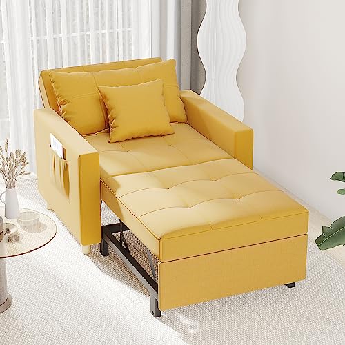 YODOLLA 192cm schlafsessel, 3-in-1 Schlaferstuhl, Ausziehbar Schlaferstuhl mit Bettfunktion, Schlafsofa mit Seitentasche und Regulierbarer Rückenlehne für Gästezimmer & kleine Wohnung, Gelb von YODOLLA