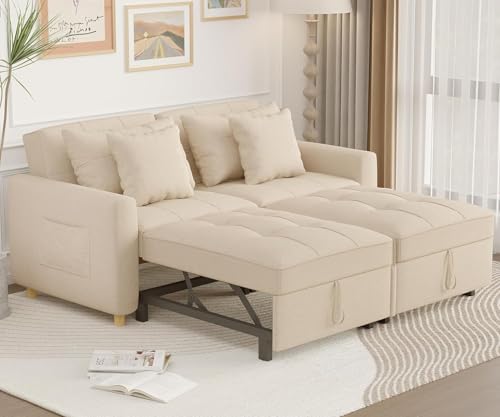 YODOLLA 2-Sitzer Schlafsessel,196 x 175 x 92 cm, Doppelbett mit Verstellbarer Rückenlehne zu einem Schlafsofa, Schlafsessel mit Bettfunktion, Ausziehbar Schlafsofa für Erwachsene, Beige von YODOLLA