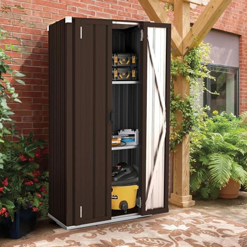 YODOLLA Gartenschrank, 76x56x178cm Geräteschuppen Metall, Wetterfest Outdoor-Schrank Lagerschuppen Hohe für Balkon, Rasenflächen und Hinterhöfe, Braun von YODOLLA