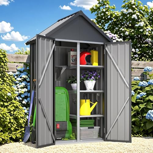 YODOLLA Gartenschrank Gartenhaus Geräteschuppen, Gartenhäuschen mit Sockel und abschließbarem Schloss, Verzinkter Stahl, 107x53x178 cm, Dunkelgrau von YODOLLA