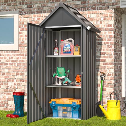 YODOLLA Gartenschrank Gartenhaus Geräteschuppen, Gartenhäuschen mit Sockel und abschließbarem Schloss, Verzinkter Stahl, 86x55x178cm, Dunkelgrau von YODOLLA