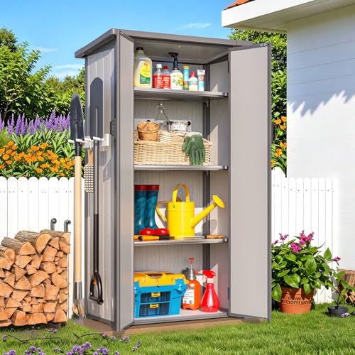 YODOLLA Harz-Außen-Werkzeugschrank wetterfest, 101x59x179cm ertikal hoch Gartenschrank mit verstellbaren Ablagen und verstärktem Boden für draußen, Grau von YODOLLA