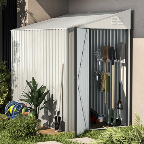 YODOLLA Metall-Anlehnschuppen, 214x129x203cm Leicht aufzubauender Anlehnschuppen mit schrägem Dach, Metall Gerätehaus für Außenlagerung, Wandanschluss-Schuppen für Garten und Außenbereich, weiß von YODOLLA