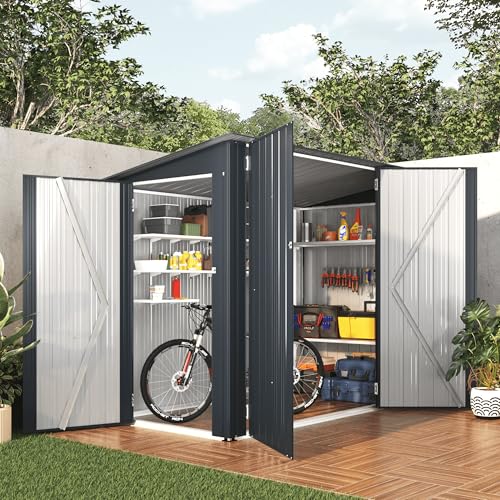 YODOLLA Metall-Fahrradlagerschuppen 3 Türen mit Schloss, 238x118x170cm Gerätehaus abschließbares Schuppen, außen wasserdichtes verzinktes Stahlwerkzeuglager für Garten, Dunkelgrau von YODOLLA