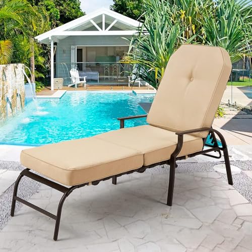 YODOLLA Verstellbarer Chaiselonguessel für den Außenbereich Patio Loungesessel Liegestuhlmöbel mit Armlehne und Kissen für Deck, Pool, Hinterhof (Beige, 1) von YODOLLA