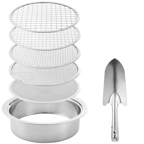 Riddle-Siebset mit 5 austauschbaren Siebgrößen, Gartensiebe mit praktischer Klinge, Edelstahl-Pflanzensiebe mit Maschenweiten 1/3/6/9/12 mm von YOFAPA