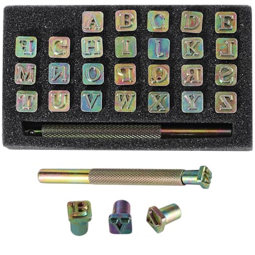 YOFAPA 27-teiliges Alphabet-Stempel-Set, Professionelles Großbuchstaben-Stempel-Set, Lederhandwerk-Stempelwerkzeuge, Prägebuchstaben-Stempel 6 mm, Lederkunst-DIY-Werkzeugset von YOFAPA