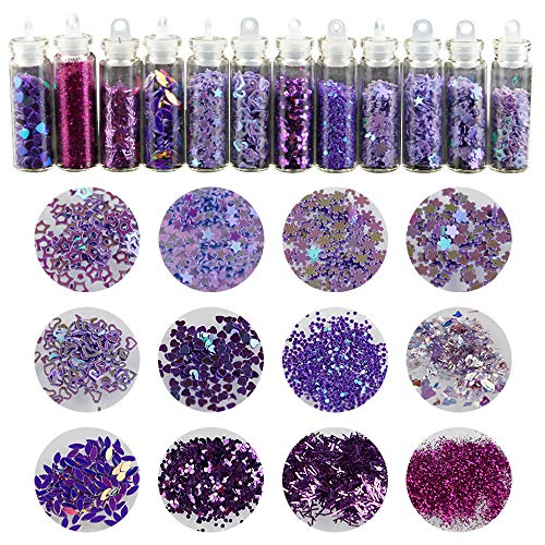 YOFASEN 12 Flaschen Glitzer Set - Buntes Körper-Glitter-Haar- und Nagelkunst Glitter Puder Pailletten Kosmetisches Tattoo Set Kunsthandwerk, Deko-Sand ideal zum Basteln für Kinder, Lila von YOFASEN