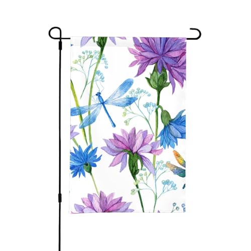 Aquarell Blaue Blume Libelle, 12x18 Zoll doppelseitige Sommergarten-Flagge für draußen von YOFIEN
