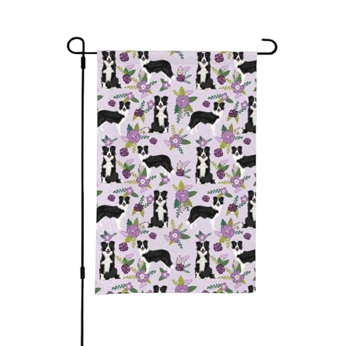 Border Collie Hund Vintage Blumen Lila, 12x18 Zoll doppelseitige Sommer Garten Hof Flagge draußen von YOFIEN