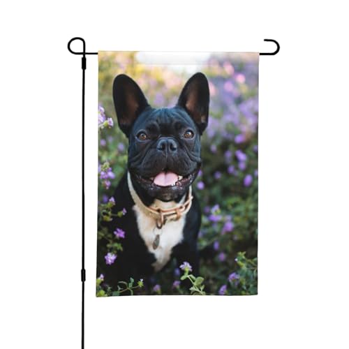 Französische Bulldogge steht im Blumen-Design, 12 x 18 Zoll, doppelseitige Sommer-Gartenflagge für draußen von YOFIEN