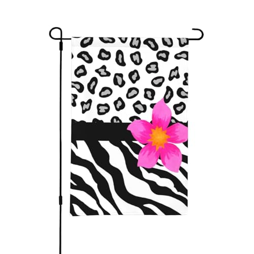 Schwarz-weißes Zebra- und Gepardenfell und rosa Blume, 30,5 x 45,7 cm, doppelseitige Sommer-Gartenflagge für draußen von YOFIEN