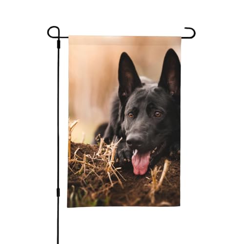 Schwarzer Deutscher Schäferhund, Rasen, Bokeh, Deutsch, 30,5 x 45,7 cm, doppelseitige Sommer-Gartenflagge für draußen von YOFIEN