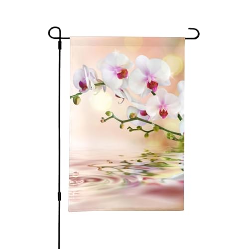 Weiße Orchidee im Teich, 12 x 18 Zoll, doppelseitige Sommergarten-Flagge für draußen von YOFIEN