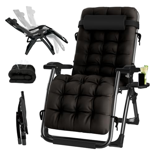 Sonnenliege Klappbar Zero Gravity, Balkon Liegestuhl Garten bis 200kg, Verstellbar Gartenliege mit Auflage, Getränkehalter & Kopfpolster, Atmungsaktiv Relaxliege Outdoor (Schwarz, Extra Breit 83cm) von YOGFWV