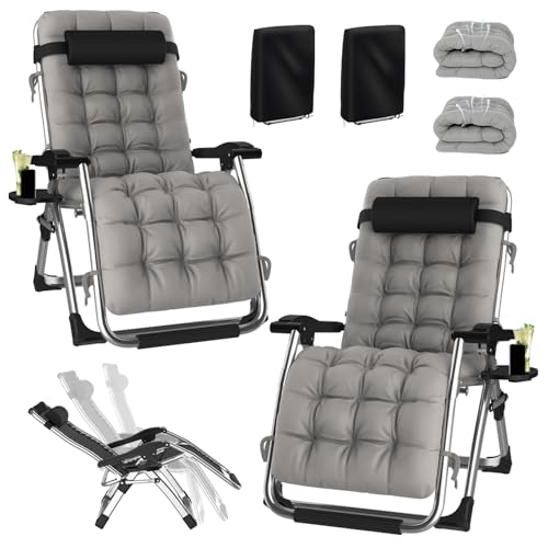 Sonnenliege Klappbar Zero Gravity 2er Set, Balkon Liegestuhl Garten bis 200kg, Verstellbar Gartenliege mit Auflage, Getränkehalter & Kopfpolster, Relaxliege Outdoor (Silber+Silber, Extra Breit 72cm) von YOGFWV
