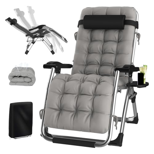 YOGFWV Sonnenliege Klappbar Zero Gravity, Balkon Liegestuhl Garten bis 200kg, Verstellbar Gartenliege mit Auflage, Getränkehalter & Kopfpolster, Atmungsaktiv Relaxliege Outdoor (Silber, 65cm) von YOGFWV