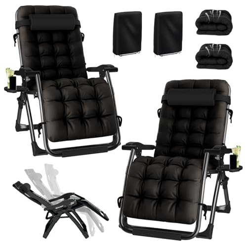 YOGFWV Sonnenliege Klappbar Zero Gravity 2er Set, Balkon Liegestuhl Garten bis 200kg, Verstellbar Gartenliege mit Auflage, Getränkehalter & Kopfpolster, Relaxliege Outdoor (Schwarz+Schwarz, 65cm) von YOGFWV