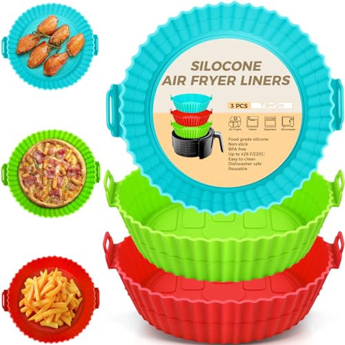 3 Packungen Silikonform für Heißluftfritteuse 20cm Air Fryer Silikon Pot Liners Wiederverwendbar anstelle Airfryer Backpapier Pergamentpapier, Heißluftfritteuse Zubehör Geeignet für Ninja,Tefal,COSORI von YOGINGO