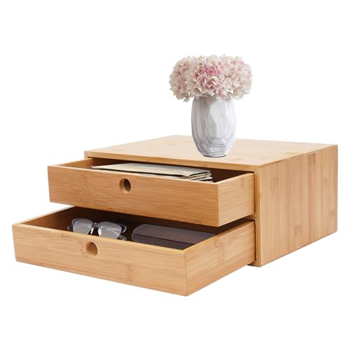 Schreibtisch-Organizer mit Schubladen, Schickes Bambus, Schmuck-Aufbewahrungsbox, Kosmetik-Organizer für Büro, Wohnzimmern, Schlafzimmern, 35 * 25cm (Zweistöckig) von YOICUATGNA