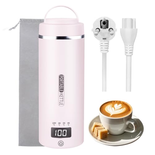 Tragbarer Reisewasserkocher 450 ml 4 Temperatureinstellungen Mini-Wasserkocher zum Anschließen Edelstahl 304 Reise Wasserkocher mit automatischer Abschaltfunktion (Pink) von YOIDOO