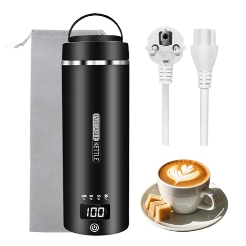 Tragbarer Reisewasserkocher 450 ml 4 Temperatureinstellungen Mini-Wasserkocher zum Anschließen Edelstahl 304 Reise Wasserkocher mit automatischer Abschaltfunktion (Schwarz) von YOIDOO