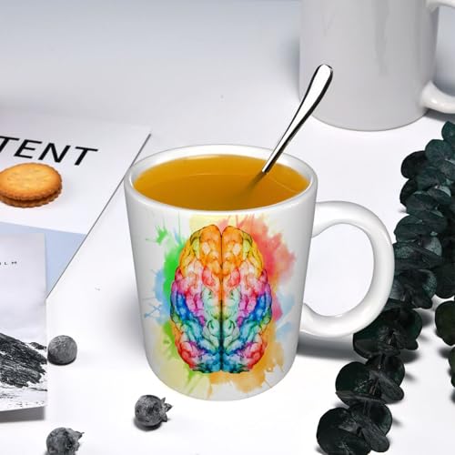 YOIUE Tasse aus Keramik - Große 11oz Tassen 330ml Kaffeetassen mit Henkel, 100% Handbemalt - Trinkgläser mit Griff - Weiß,Aquarell, lebendige bunte menschliche Gehirn Körper Neurologie Hemisphären kr von YOIUE