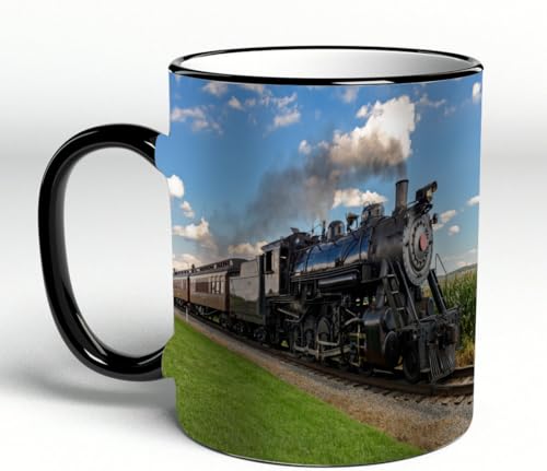 YOIUE Tasse aus Keramik - Große 11oz Tassen 330ml Kaffeetassen mit Henkel, 100% Handbemalt - Trinkgläser mit Griff - Weiß,Dampfmaschine, altmodisch, schwarz, lokomotive, in, landschaft, grünes gras, von YOIUE