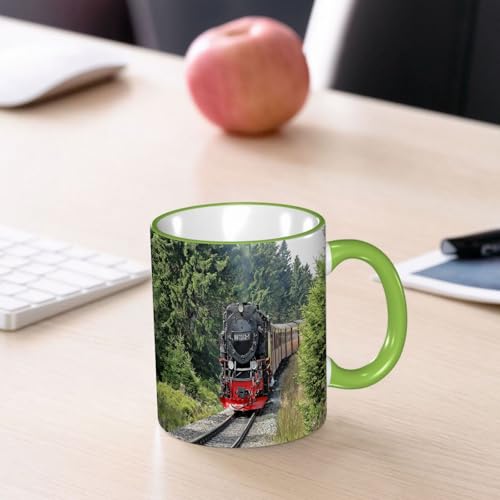 YOIUE Tasse aus Keramik - Große 11oz Tassen 330ml Kaffeetassen mit Henkel, 100% Handbemalt - Trinkgläser mit Griff - Weiß,Dampfzug Industriezeitalter Dampfmaschine Zug Vintage Eisenbahn Lokomotive von YOIUE