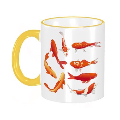 YOIUE Tasse aus Keramik - Große 11oz Tassen 330ml Kaffeetassen mit Henkel, 100% Handbemalt - Trinkgläser mit Griff - Weiß,Handgezeichneter goldener Fisch. von YOIUE