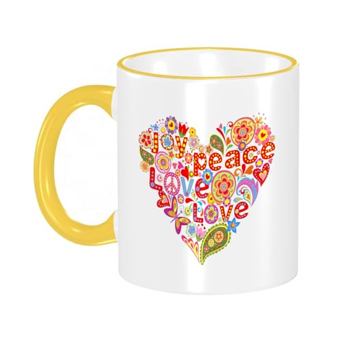 YOIUE Tasse aus Keramik - Große 11oz Tassen 330ml Kaffeetassen mit Henkel, 100% Handbemalt - Trinkgläser mit Griff - Weiß,Herzform mit bunten Blumen und Hippie-Symbolik von YOIUE