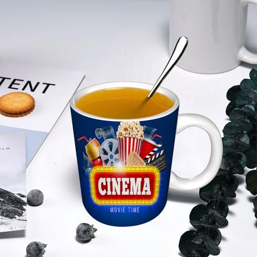 YOIUE Tasse aus Keramik - Große 11oz Tassen 330ml Kaffeetassen mit Henkel, 100% Handbemalt - Trinkgläser mit Griff - Weiß,Kino-Konzept-Design-Vorlage mit Popcorn-Getränkeklatsch und anderen Objekten von YOIUE