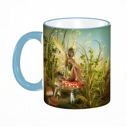 YOIUE Tasse aus Keramik - Große 11oz Tassen 330ml Kaffeetassen mit Henkel, 100% Handbemalt - Trinkgläser mit Griff - Weiß,Mädchen mit Flügeln sitzt auf einem Pilz von YOIUE