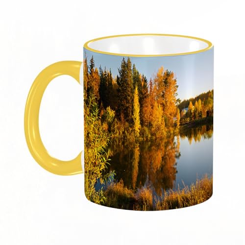 YOIUE Tasse aus Keramik - Große 11oz Tassen 330ml Kaffeetassen mit Henkel, 100% Handbemalt - Trinkgläser mit Griff - Weiß,See in den Strahlen der untergehenden Sonne. Herbstlandschaft. von YOIUE