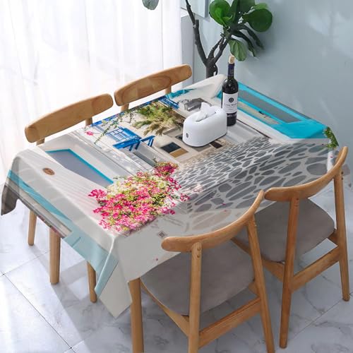 YOIUE Tischdecke Abwaschbar Rechteckig,137x183cm,Polyester Tischtuch Tafeldecke Ornamente Schmutzabweisend Pflegeleicht,Wunderschönes architektonisches Gebäudeäußeres im Santorini- und griechischen S von YOIUE
