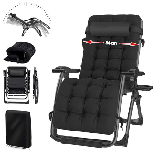 YOIZO Liegestuhl Klappbar 84cm Relaxsessel Garten mit Kissen, Einstellbar Sonnenstuhl für Patio Garten Strand Pool, Klappliegestuhl Liegestuhl Garten mit Kopfkissen 260kg (1-Schwarz) von YOIZO