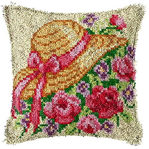 YOJOLO Knüpfkissen Zum Selber Knüpf Sets Knüpfteppiche DIY Blume Muster Kissen Kissenbezug Kreuzstich Latch Hook Kit Handwerk Handarbeiten Erwachsene Kinder Kunsthandwerk,A,43 * 43cm/16.9 * 16.9 inch von YOJOLO