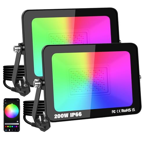 YOJZMA 2er-Pack 200W LED-Flutlicht für den Außenbereich mit Stecker, intelligente RGB-DIY-Szenen, Farbwechsel-Landschaftsbeleuchtung mit APP-Steuerung, IP66 wasserdichte Flutlichter für Gärten YOJZMA 2er-Pack 200W LED-Flutlicht für den Außenbereich mit Stecker, intelligente RGB-DIY-Szenen, Farbwechsel-Landschaftsbeleuchtung mit APP-Steuerung, IP66 wasserdichte Flutlichter für Gärten von YOJZMA