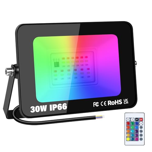 YOJZMA 30 W RGB-Außen-LED-Flutlicht mit Fernbedienung, 16 Farben, 4 Modi, Speicherfunktion, Außen-/Innen-Flutlicht, IP66 wasserdichter Neon-LED-Strahler für Garten, Terrasse, Terrasse, Party von YOJZMA