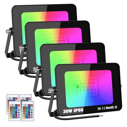 YOJZMA 4 Stück 30 W RGB-Außen-LED-Flutlicht mit Fernbedienung, 16 Farben, 4 Modi, Speicherfunktion, Außen-/Innen-Flutlicht, IP66 wasserdichter Neon-LED-Strahler für Garten, Terrasse, Terrasse, Party von YOJZMA