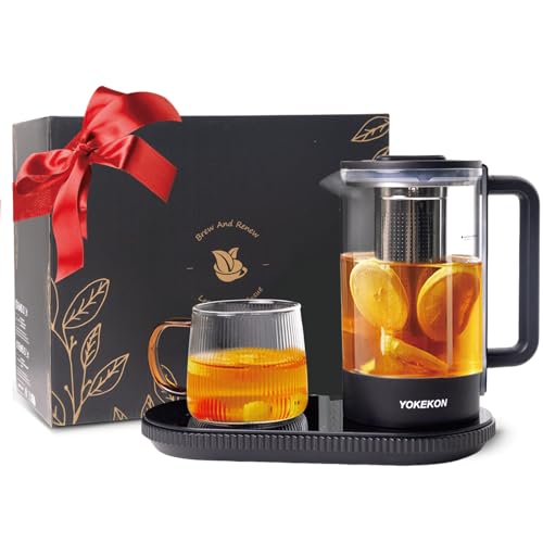 YOKEKON Tee Wasserkocher Set Klein mit Tasse, Glas Teekocher,Teemaschine,Tassenwärmer, Herausnehmbarer Edelstahl-Teesieb, Auto Warmhaltefunktion, Kaffee/Milch/Früchtetee/Kräutertee, BPA Frei, Schwarz von YOKEKON